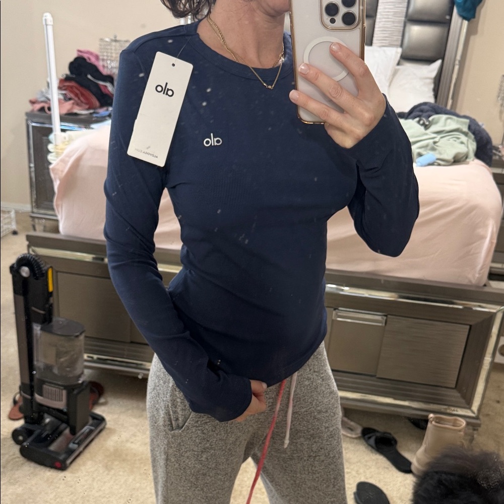 ALO Navy Ribbed Long Sleeve Crew Top